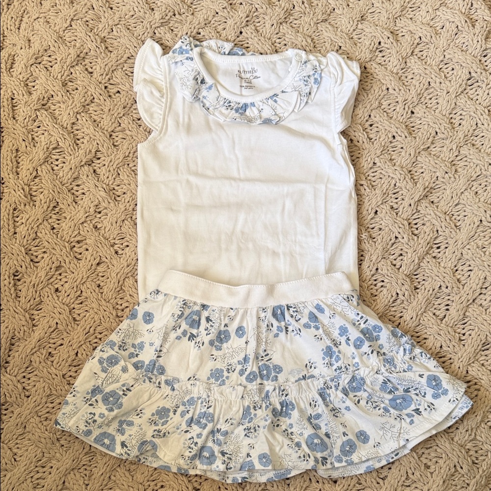 White Dress with Blue Floral Accents